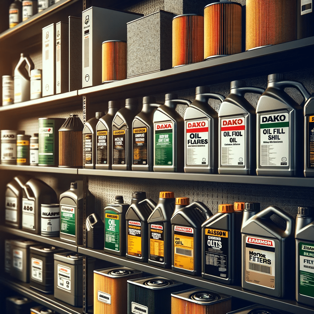 Mage Showing a Variety of Motor Oils and Oil Filters on a Shelf in an Auto Repair Shop.