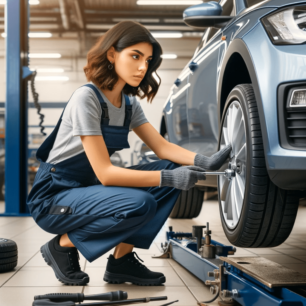 Mechanic Adjusting the Wheel Alignment on a Car Using Modern Alignment Equipment.