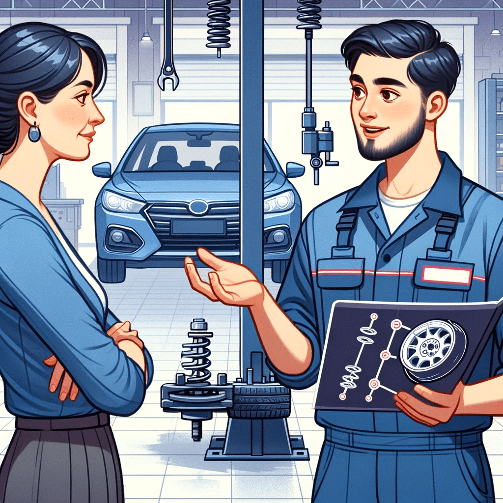 Illustration of a Customer and Mechanic Discussing Wheel Alignment Services.
