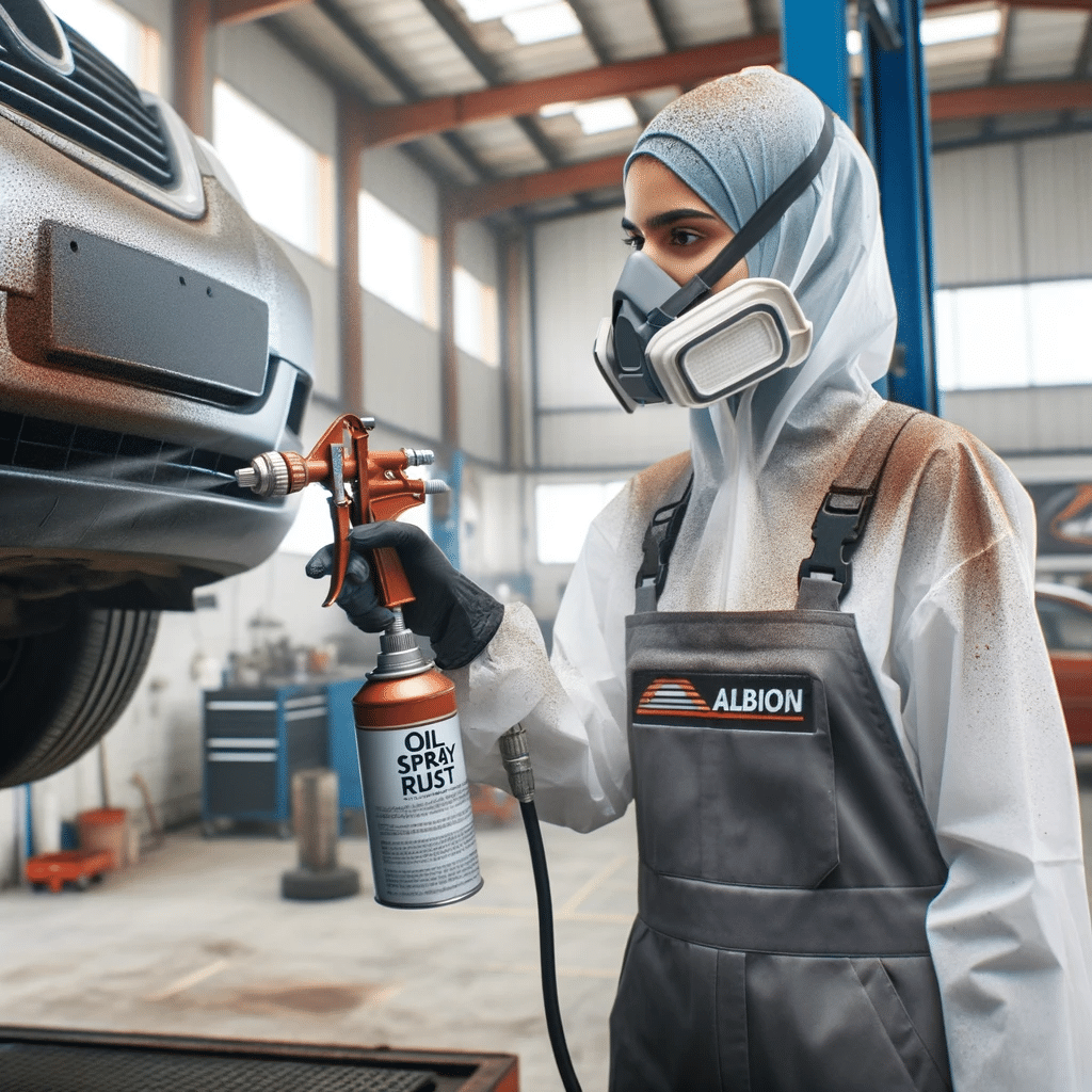 Mage of a Mechanic at Albion Auto Applying Oil Spray Rust Protection to a Car.