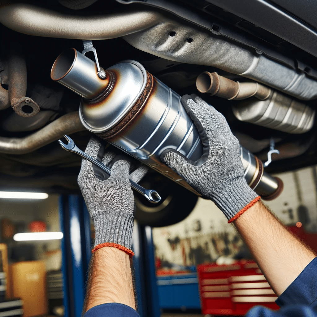 A-close-up-image-of-a-new-muffler-being-installed-on-a-car-at-albion-auto