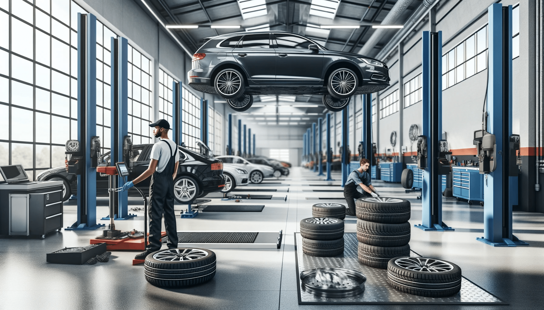 A-modern-clean-auto-repair-shop-with-multiple-car-lifts-technicians-working-on-various-vehicles-focusing-on-tire-services
