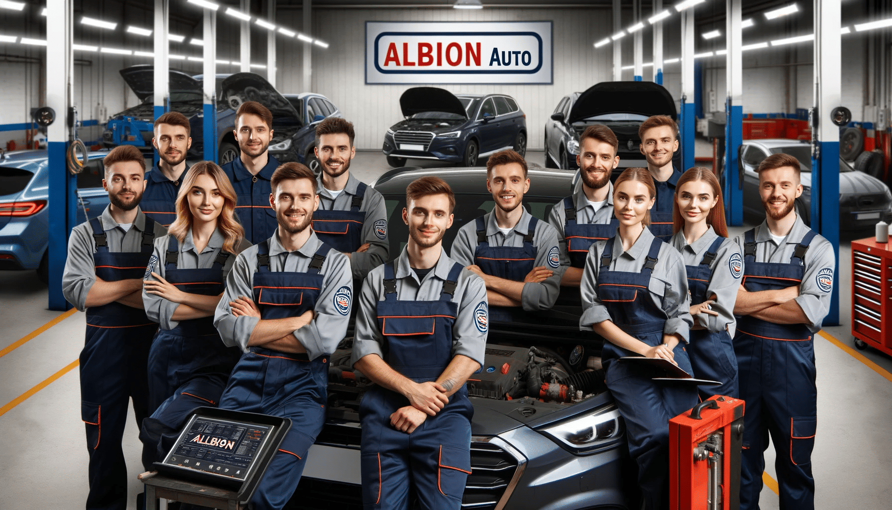an Image Showing a Team of Skilled Mechanics at Albion Auto Working Together on a Fleet of Vehicles the Mechanics Diverse in Gender and Ethnicity