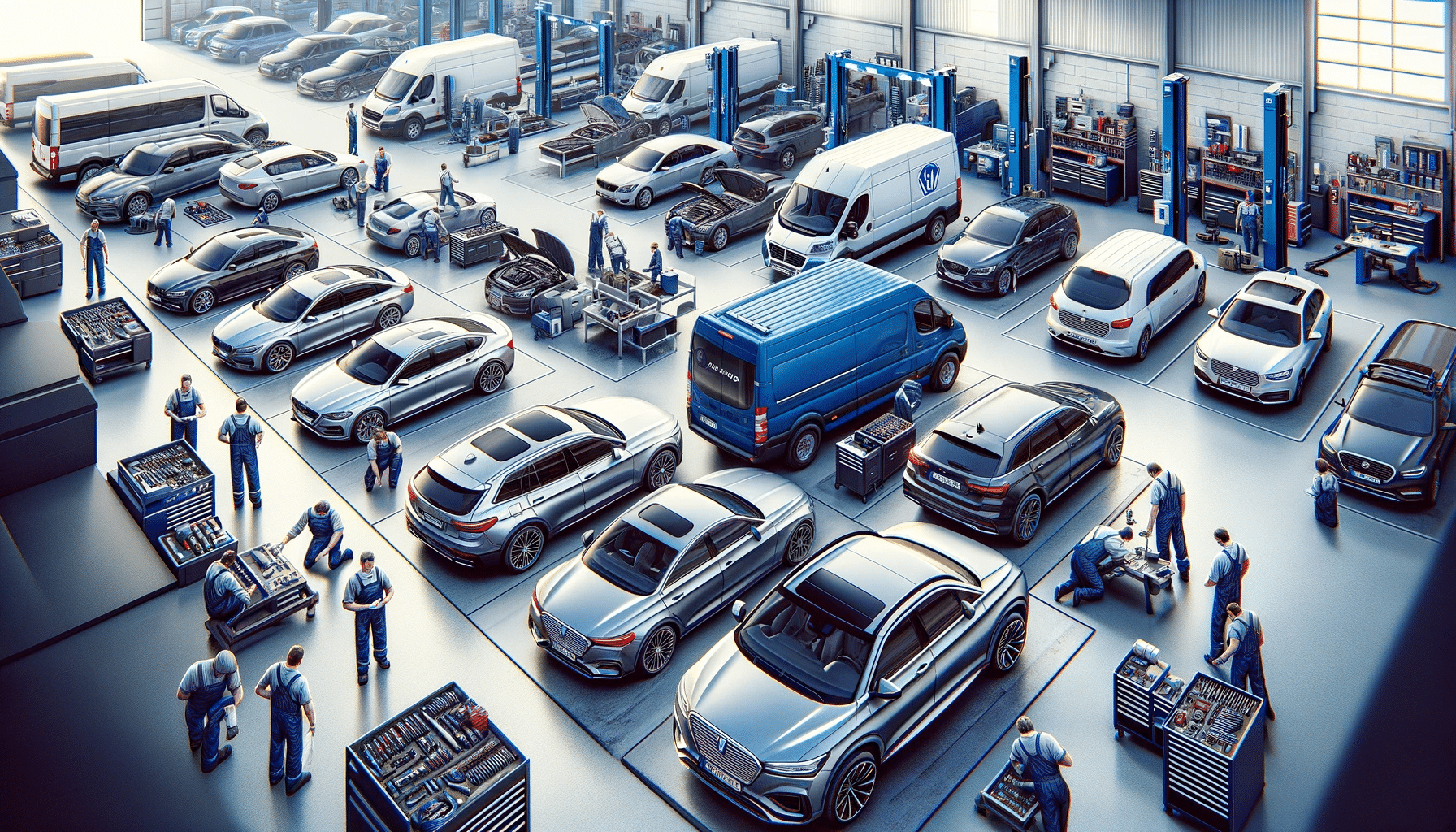 Image-of-a-variety-of-fleet-vehicles-including-sedans-suvs-and-commercial-vans-receiving-maintenance-and-repair-services-at-albion-auto