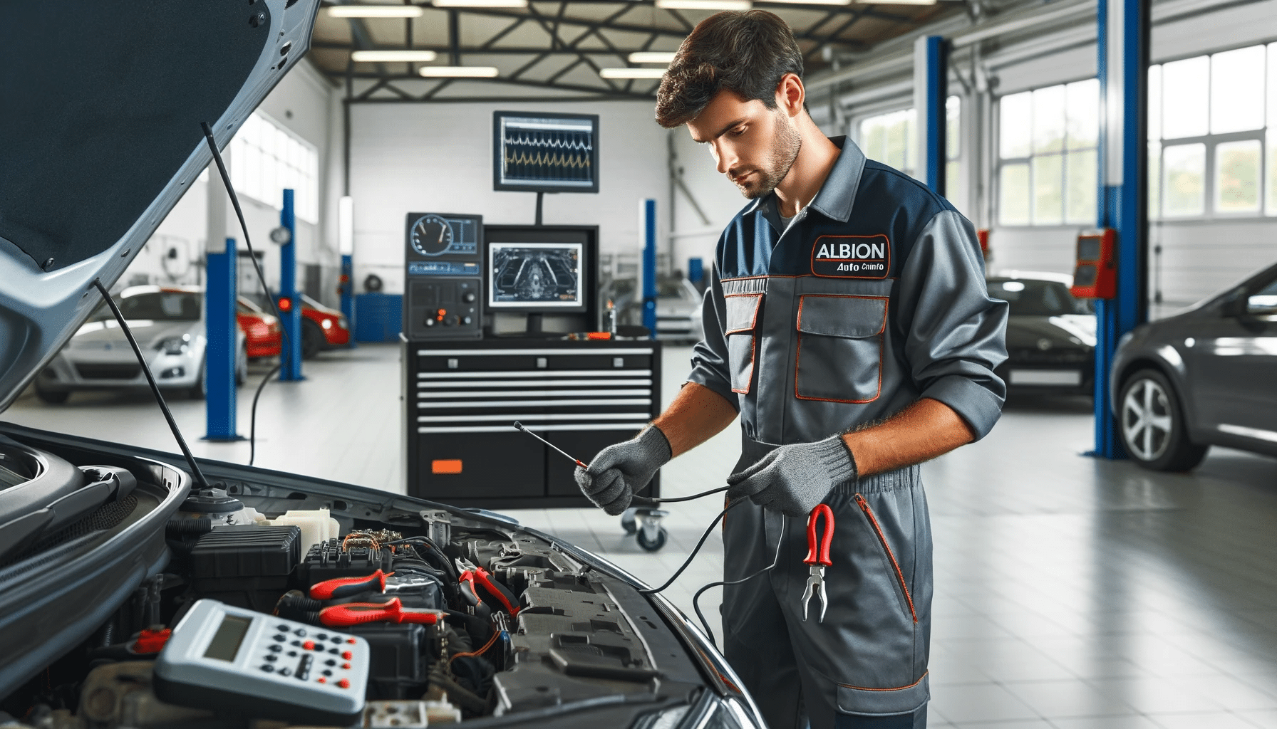 A-professional-auto-mechanic-in-albion-auto-uniform-caucasian-descent-working-on-a-cars-electrical-system