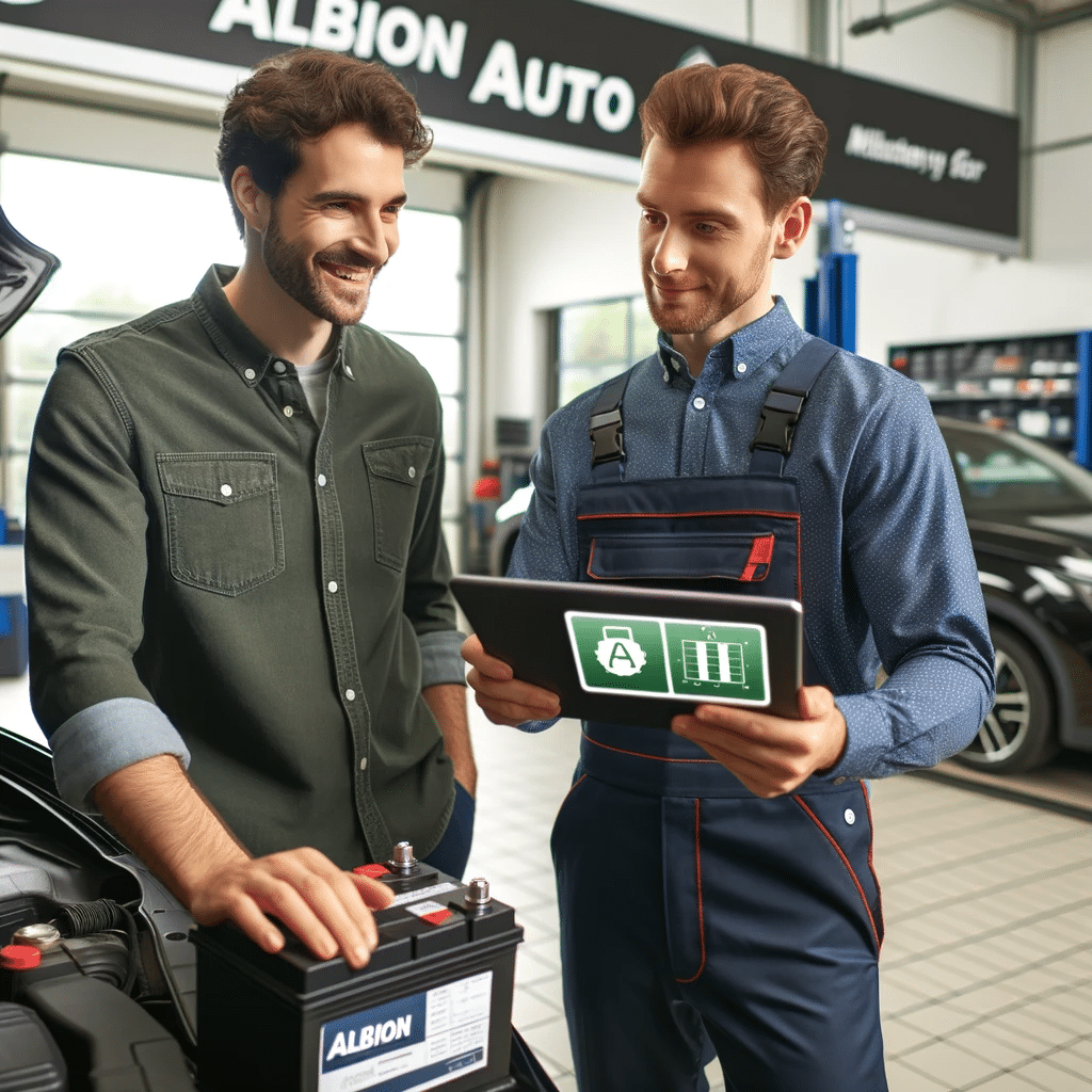 A-friendly-and-knowledgeable-service-advisor-at-albion-auto-discussing-battery-maintenance-with-a-customer