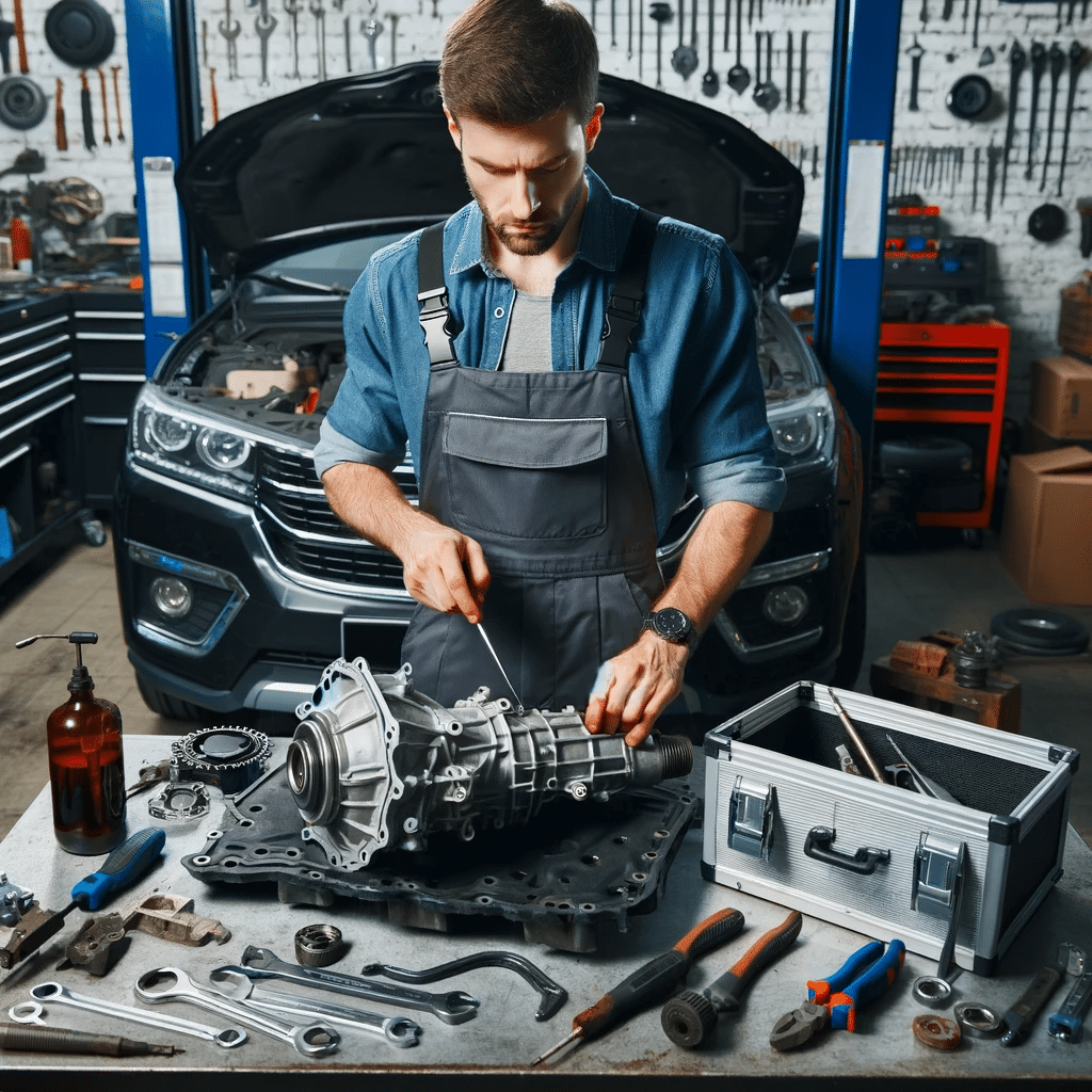An-auto-mechanic-in-overalls-with-a-caucasian-descent-working-diligently-on-repairing-a-car-transmission