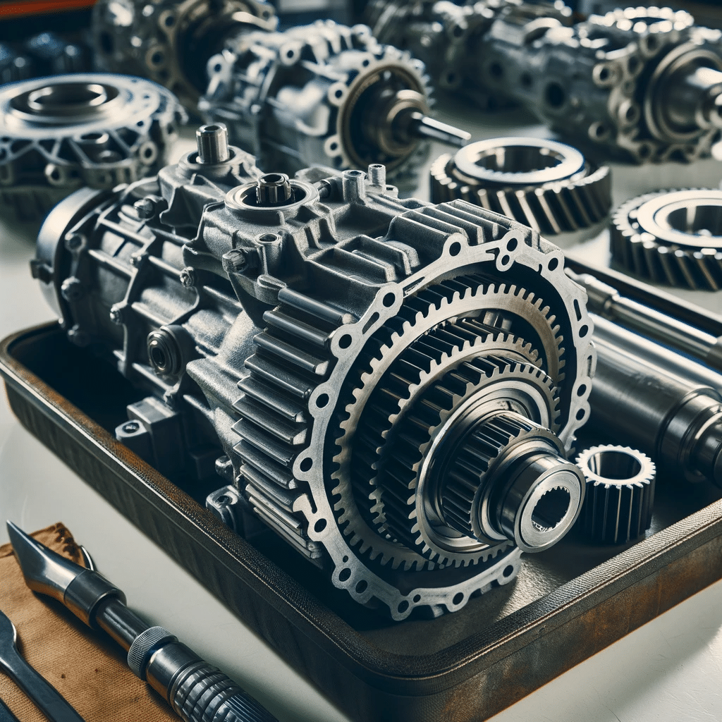 A-disassembled-car-transmission-with-its-intricate-gears-and-components-displayed-on-a-clean-workbench