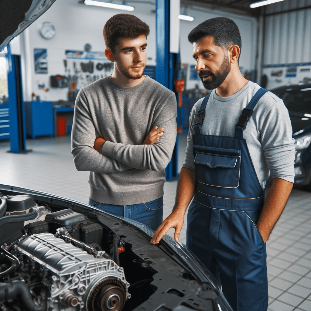 A-customer-of-hispanic-descent-discussing-a-transmission-repair-with-a-knowledgeable-mechanic-of-south-asian-descent-in-a-modern-auto-repair-shop