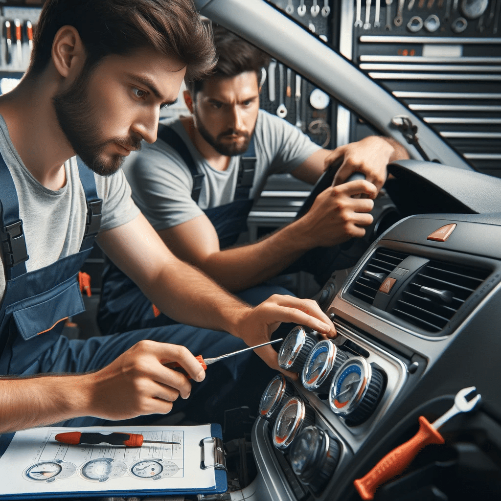 A-mechanic-inspecting-an-air-conditioning-unit-in-a-car