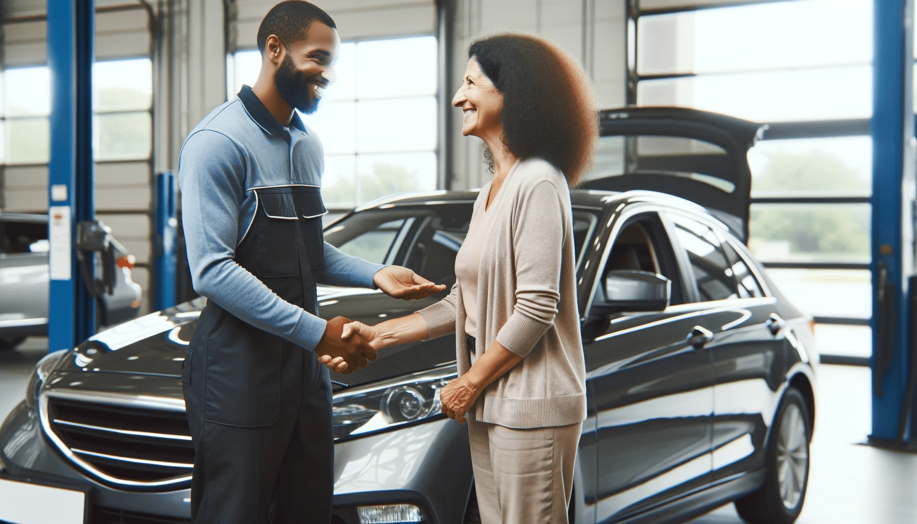 A-satisfied-customer-shaking-hands-with-a-mechanic-in-front-of-a-car-