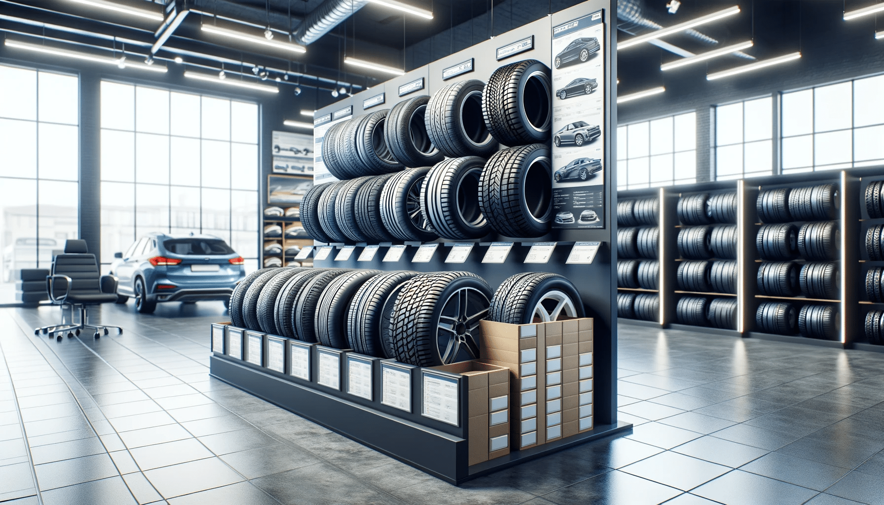 A-variety-of-new-car-tires-displayed-in-a-clean-and-organized-manner-in-an-auto-repair-shop-the-tires-vary-in-size-and-tread-patterns-suitable-for-