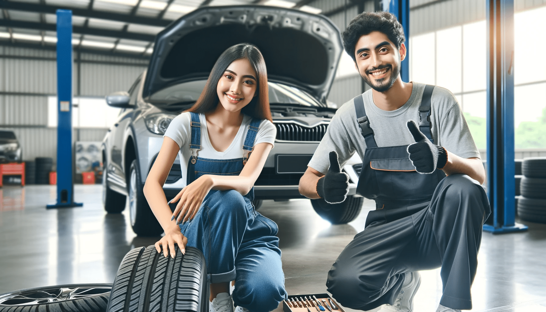 A-satisfied-customer-and-a-mechanic-giving-a-thumbs-up-in-front-of-a-car-with-new-tires-the-car-is-parked-inside-the-clean-and-modern-auto-repair-shop