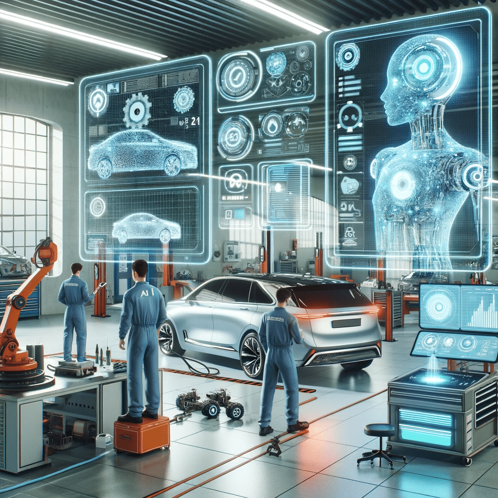 a Futuristic Auto Repair Shop with Advanced Ai Technology Technicians Using Ai-powered Diagnostic Tools on Cars