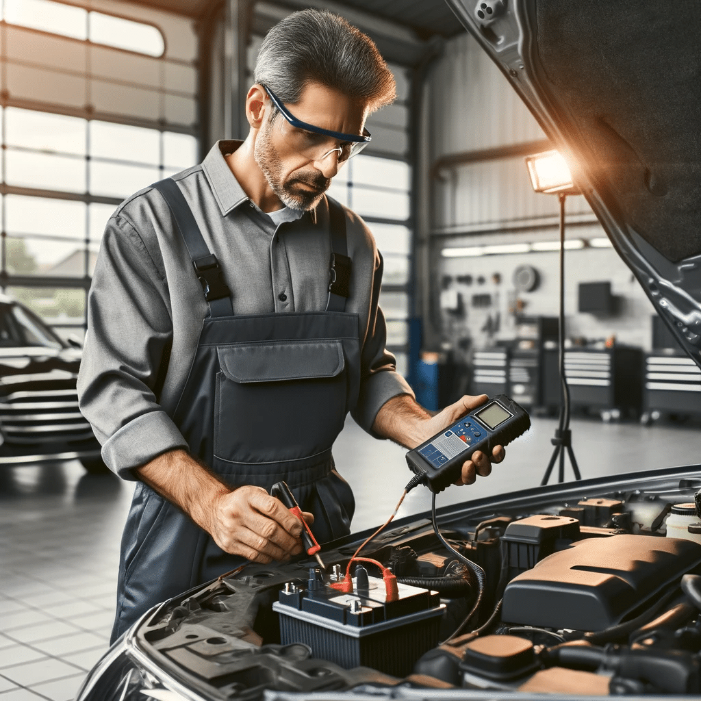 a mechanic testing a car battery in an automotive workshop at Albion Auto in Bolton, ON
