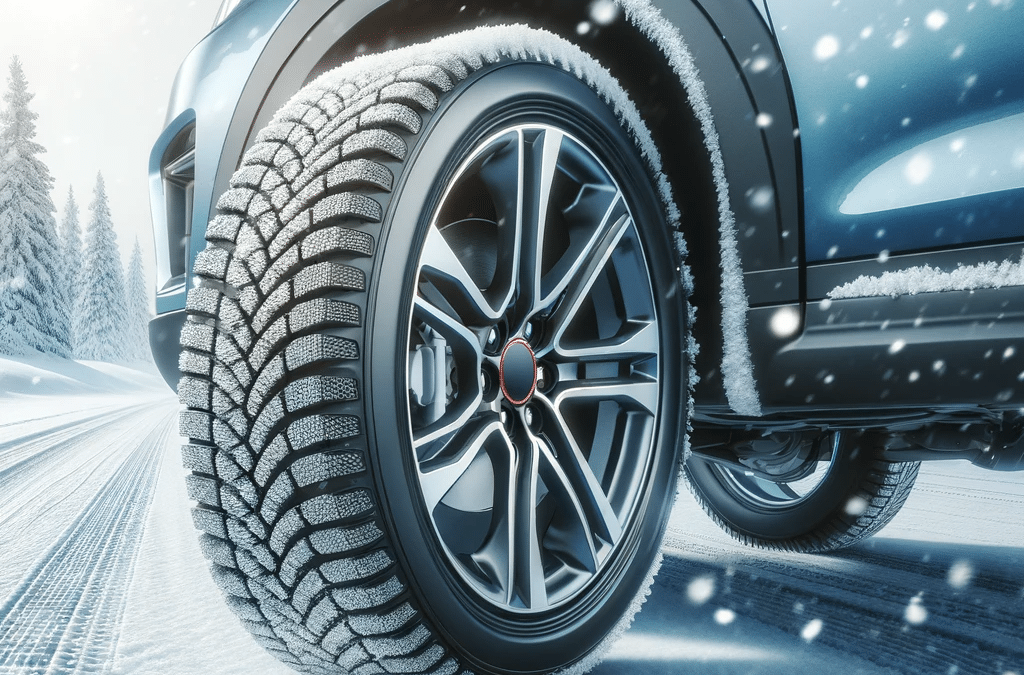 A car fitted with winter tires on a snowy road, showcasing the tread pattern and grip on the icy surface. for winter tires visit Albion Auto in Bolton, ON