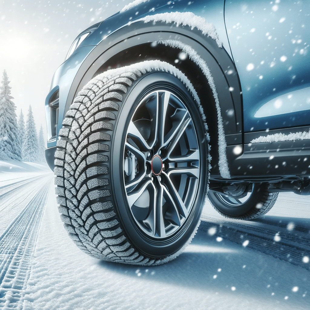 A car fitted with winter tires on a snowy road, showcasing the tread pattern and grip on the icy surface. for winter tires visit Albion Auto in Bolton, ON