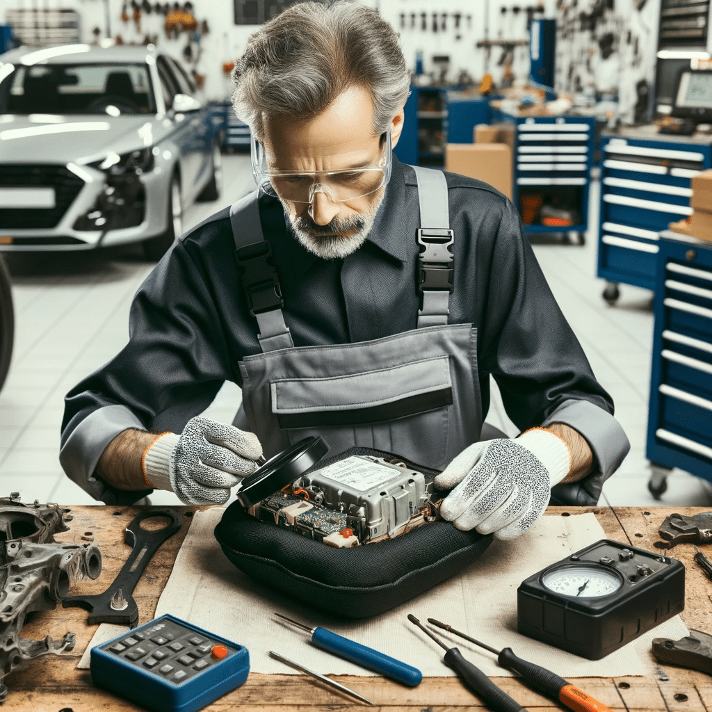 a Skilled Automotive Technician in a Clean and Modern Auto Repair Shop, Diligently Working on an Airbag Crash Module at Albion Auto Bolton, Onm