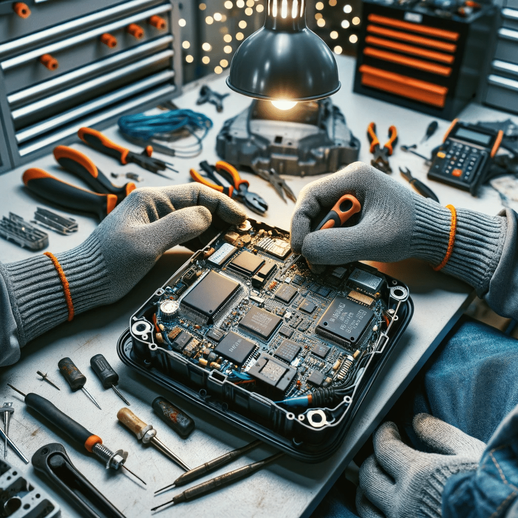 a Technician's Hands Carefully Working on an Airbag Crash Module at Albion Auto