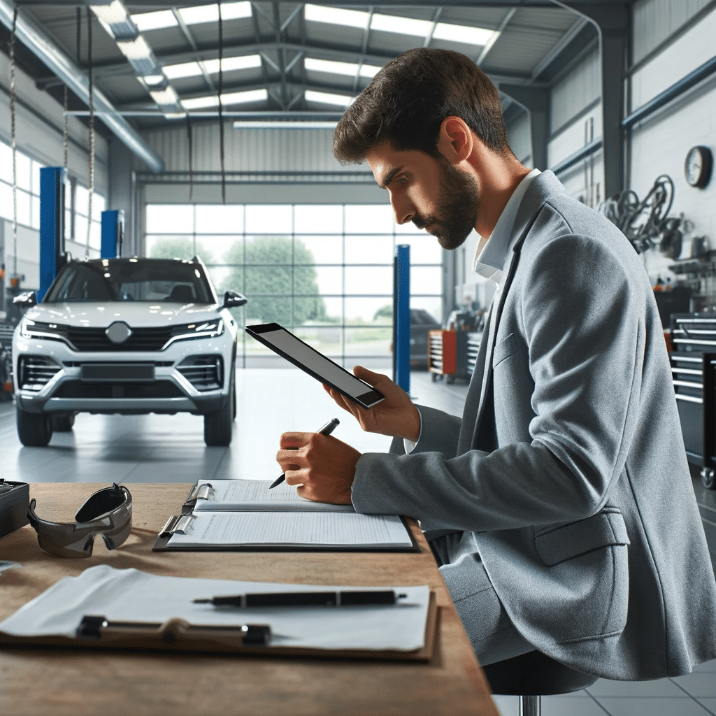 an Automotive Technician Performs a Vehicle Appraisal in a Modern Auto Repair Shop. the Technician is Inspecting a Car, Using a Tablet at Albion Auto in Bolton, on
