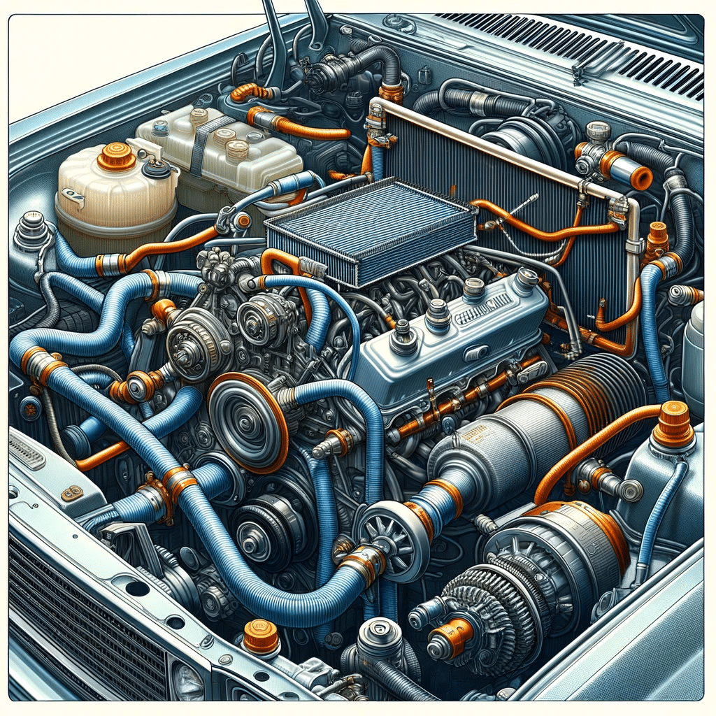an Image Showing a Detailed Coolant System in a Vehicle. Components Like the Radiator, Coolant Hoses, Water Pump, and Thermostat