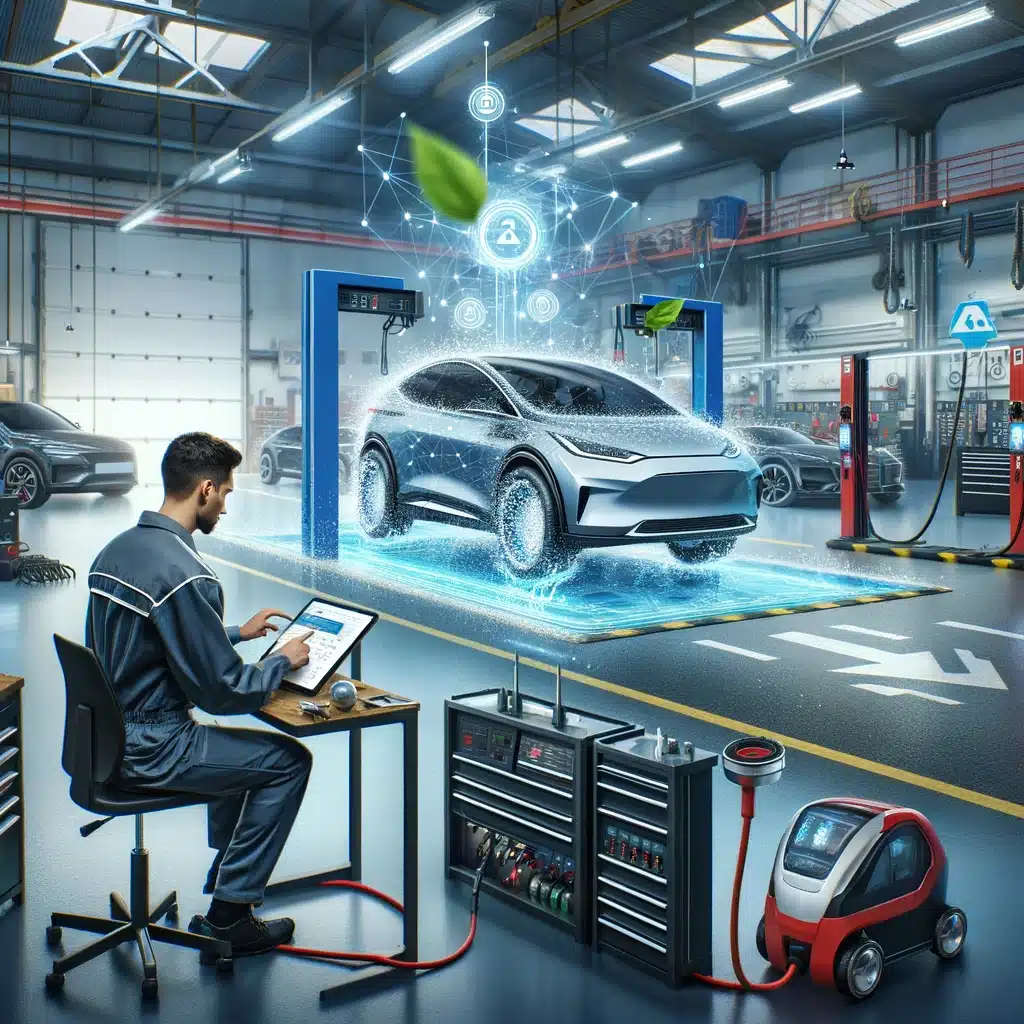 an image that visually represents the future of auto repair, incorporating elements such as digital vehicle inspections, advanced diagnostics,