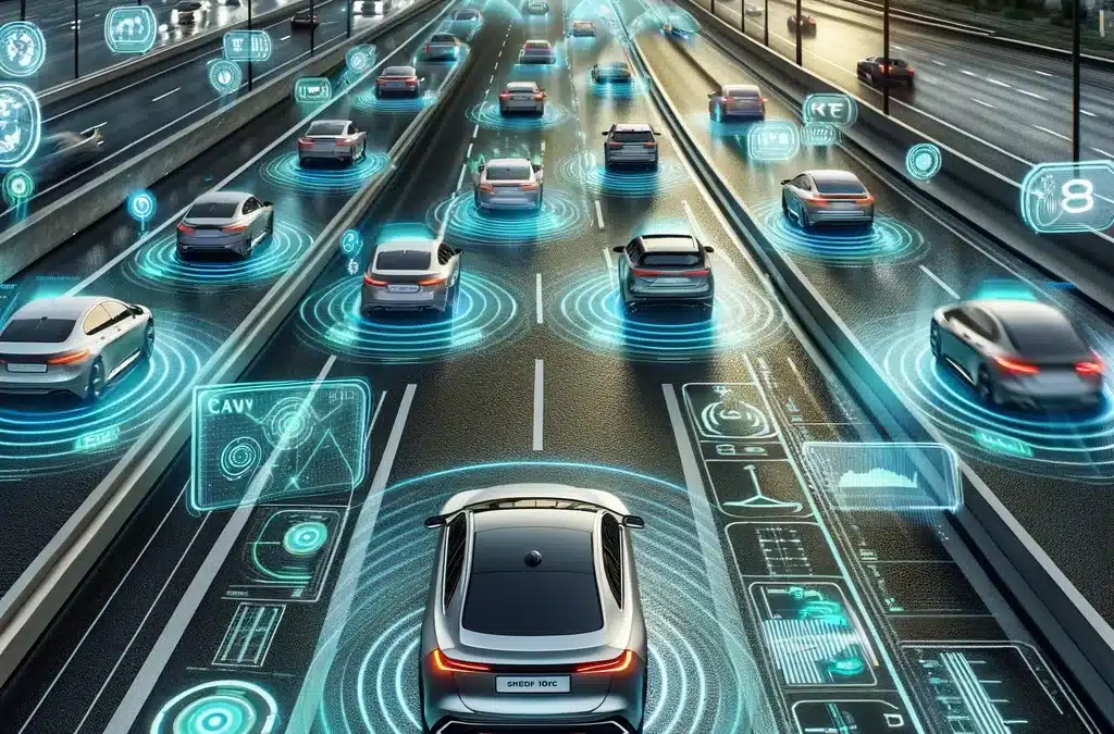 A futuristic highway with multiple lanes, showcasing cars equipped with Lane Departure Warning and Lane Keeping Assist technology. The cars are displ