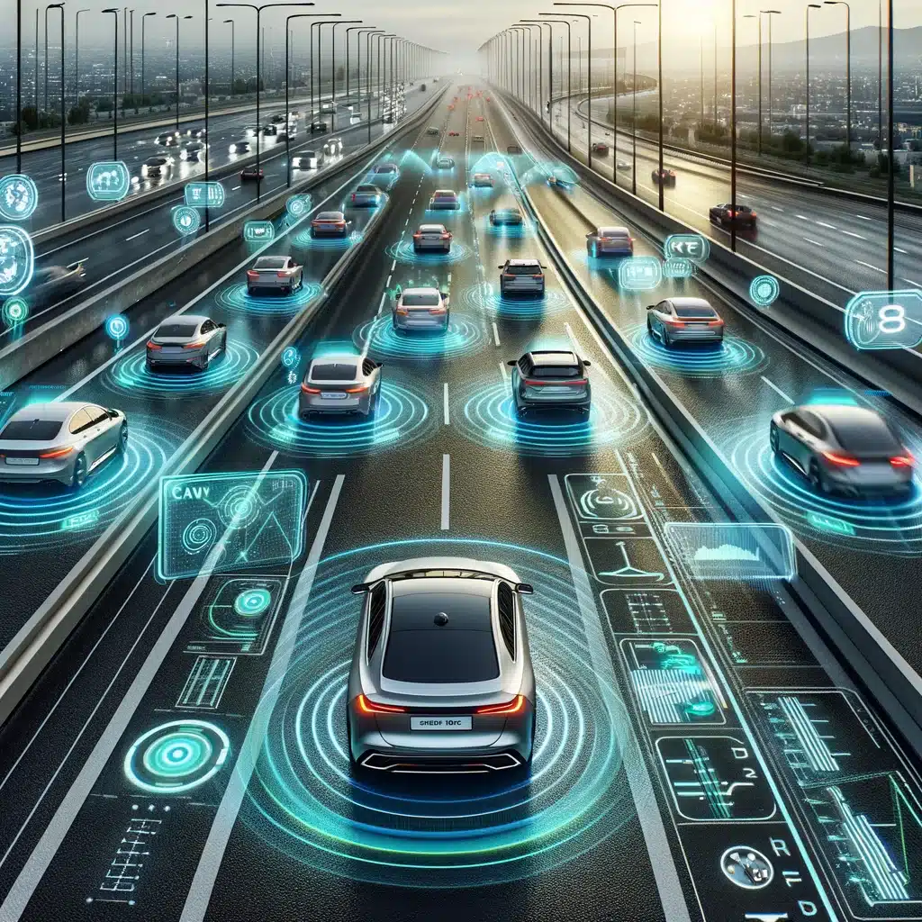 A futuristic highway with multiple lanes, showcasing cars equipped with Lane Departure Warning and Lane Keeping Assist technology. The cars are displ