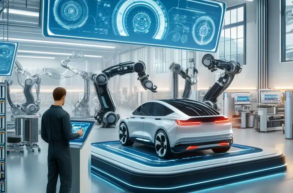 futuristic auto repair shop equipped with state-of-the-art technology, including robotic arms working on electric vehicles, large digital displays s.webp