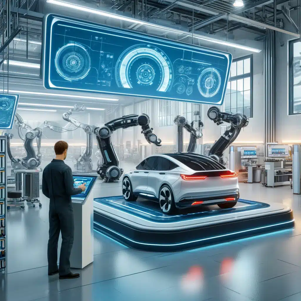 futuristic auto repair shop equipped with state-of-the-art technology, including robotic arms working on electric vehicles, large digital displays s.webp